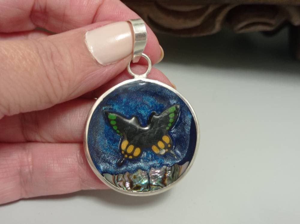 Mexican Artisan Abalone Butterfly Pendant: Bohochic Enamel Jewelry