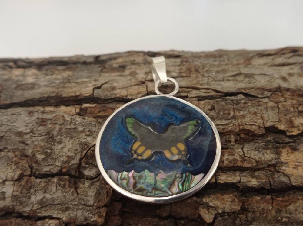 Mexican Artisan Abalone Butterfly Pendant: Bohochic Enamel Jewelry
