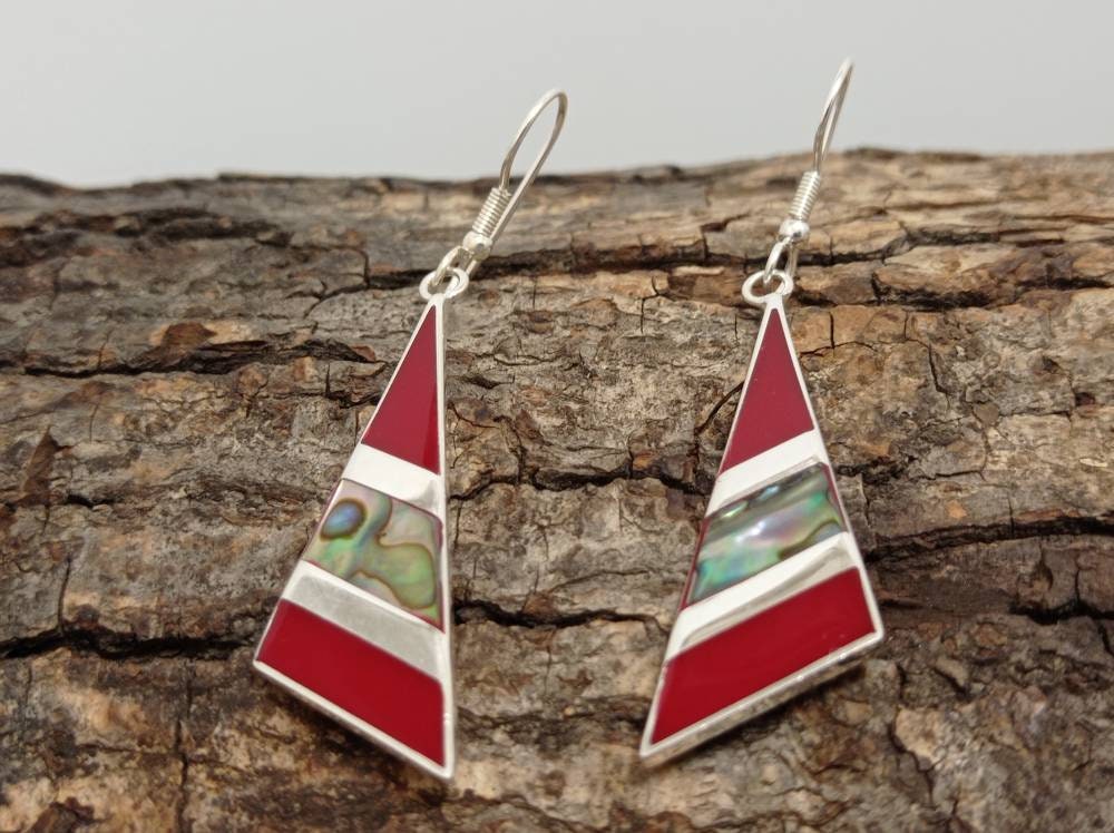 Handcrafted Triangle Abalone Earrings with Red Enamel Resin – Silver Plated Artisan Jewelry from Mexico