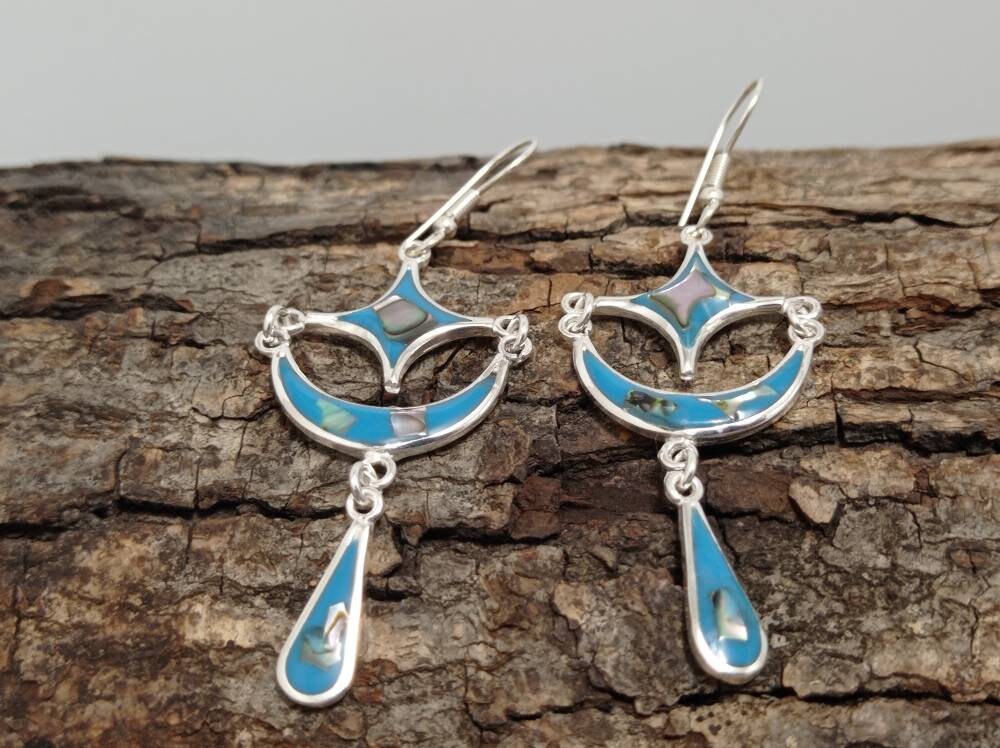 Abalone Shell & Blue enamel Inlay Crescent Moon and Star celestial earrings