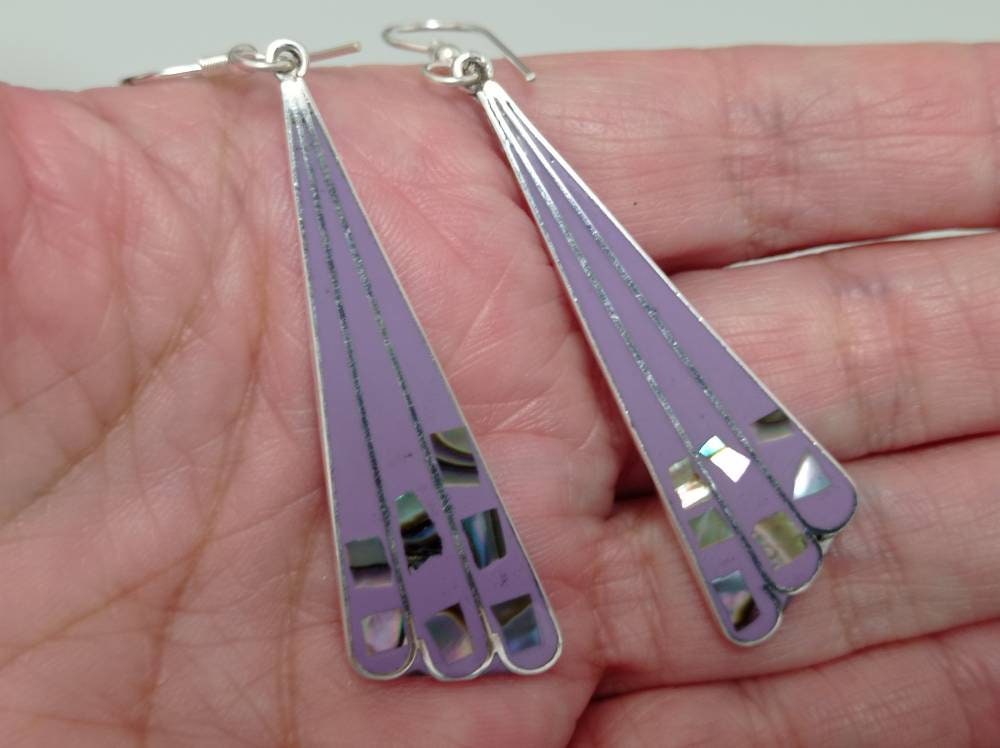 Handmade Silver Plated Abalone Inlay Fan Earrings in Art Deco Style from Mexico