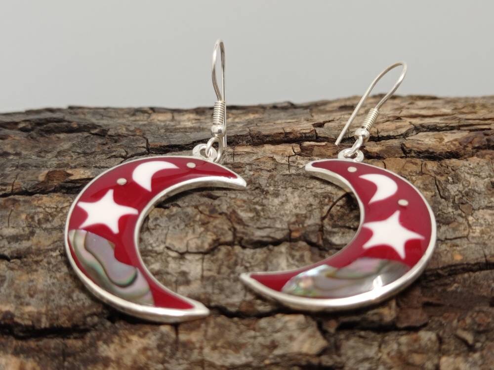 Silver Plated Celestial Moon Star Earrings, Abalone Nacre Resin, Taxco Mexico Boho Chic