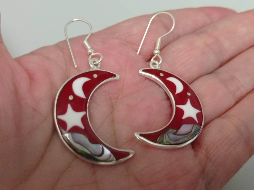 Silver Plated Celestial Moon Star Earrings, Abalone Nacre Resin, Taxco Mexico Boho Chic