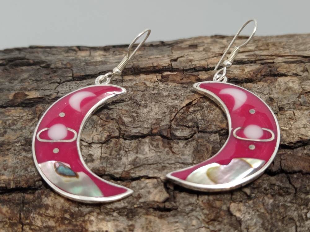 Pink Moon Saturn Abalone Earrings – Silver Plated Celestial Inlay Jewelry
