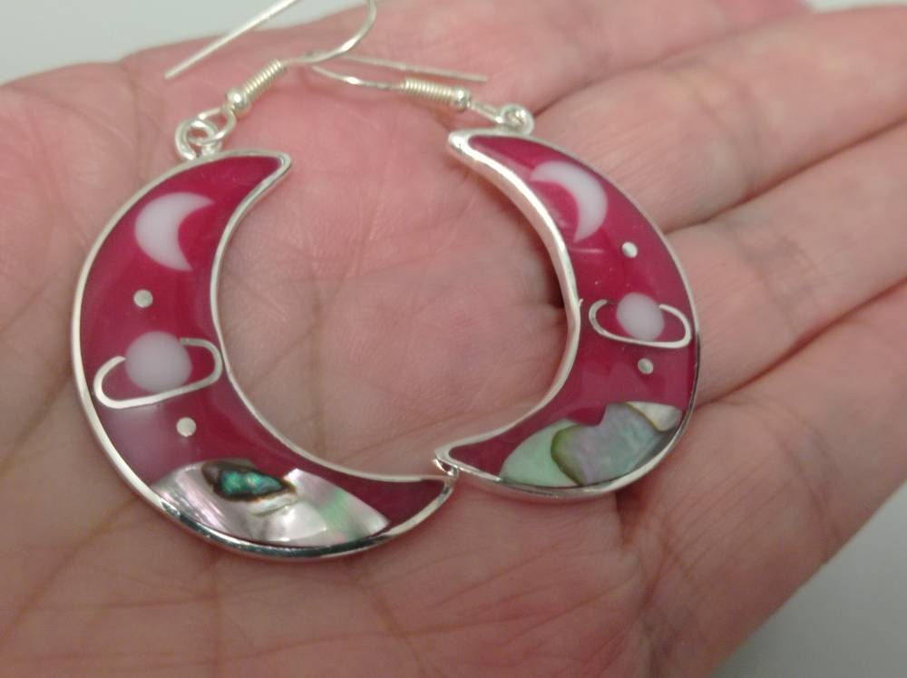 Pink Moon Saturn Abalone Earrings – Silver Plated Celestial Inlay Jewelry