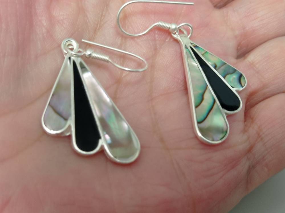Art Deco Abalone Fan Earrings, Silver Plated, Mexican Azteca Jewelry