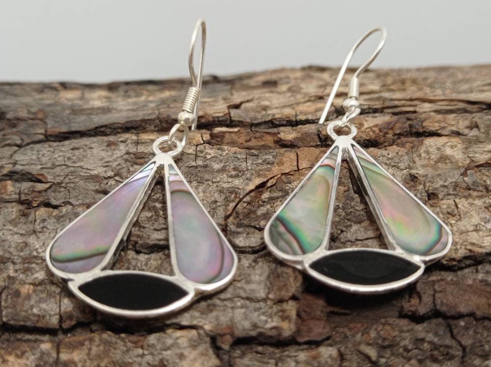 Exquisite Mexican Shell & Black Enamel Art Deco Dangle Earrings - Handmade Taxco Jewelry