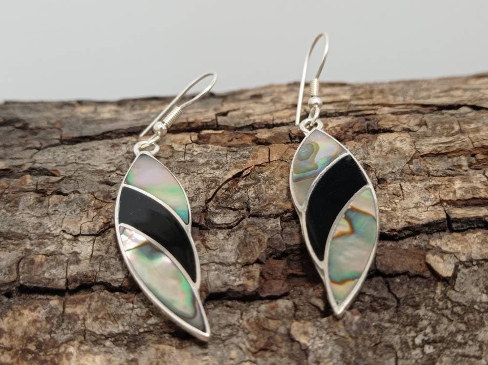 Handmade Mexican Abalone Shell Earrings with Silver 950 Plating – Artisan Leaf Design Taxco