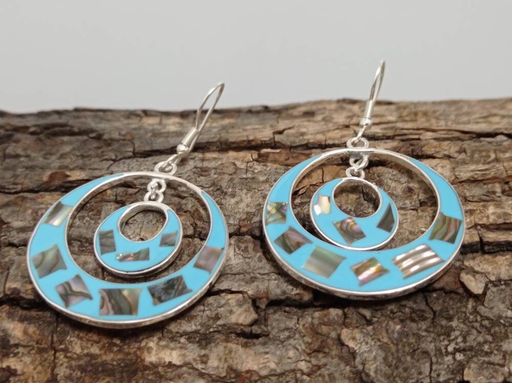 Handcrafted Silver Plated Abalone & Enamel Mosaic Statement Earrings