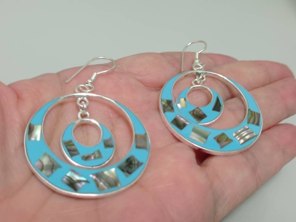 Handcrafted Silver Plated Abalone & Enamel Mosaic Statement Earrings