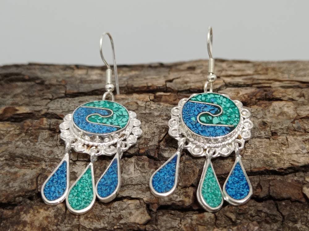 Art Deco Mexican Silver Plated Earrings – Turquoise Malachite Inlay Boho Style