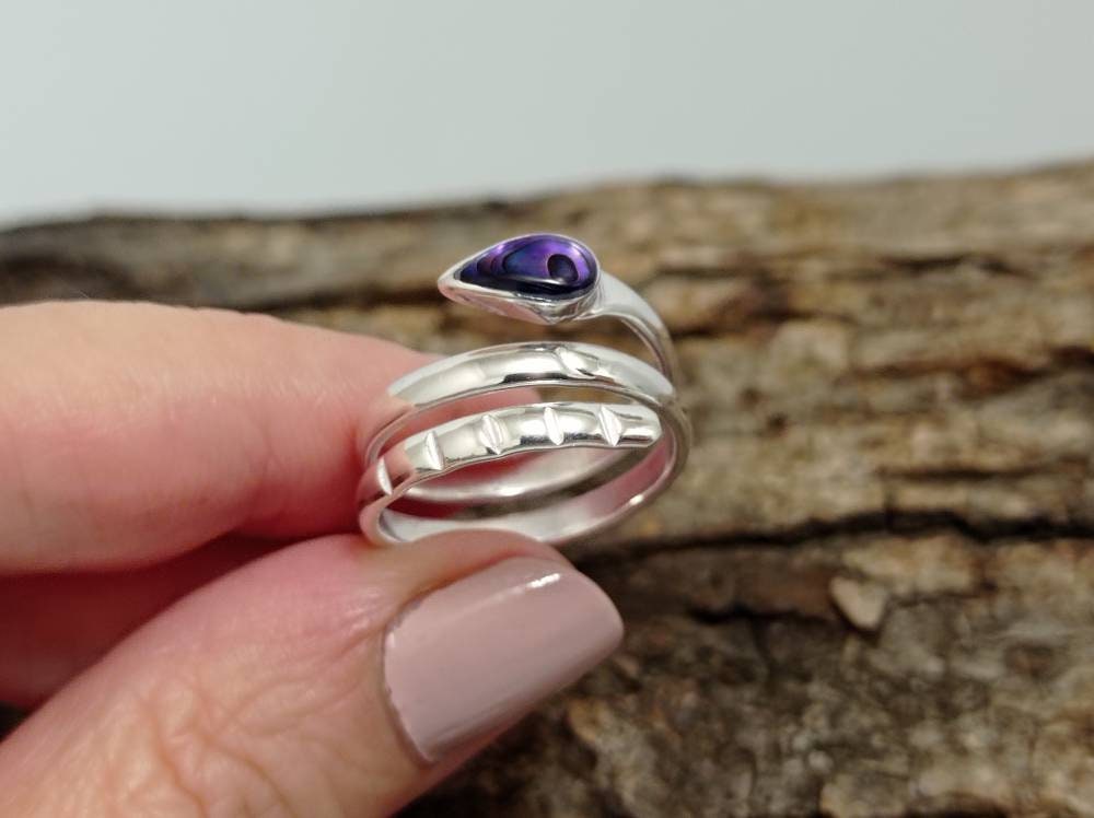 Handcrafted Snake Ring with Purple Abalone, Silver Plated 950, Mexican Artisan Jewelry