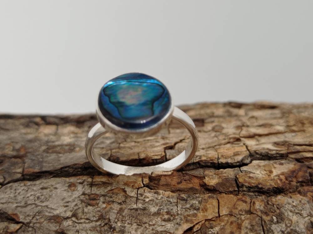 Elegant Handmade Silver Plated Mexican Ring with Blue Abalone