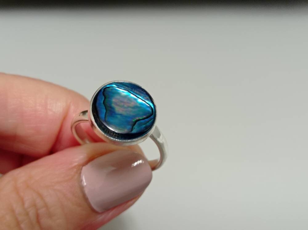 Elegant Handmade Silver Plated Mexican Ring with Blue Abalone