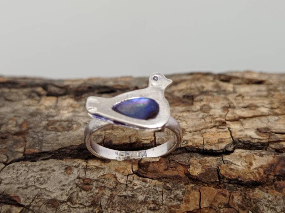 Silver Plated Duck Ring, Dyed Abalone, Artisan Mexican Jewelry