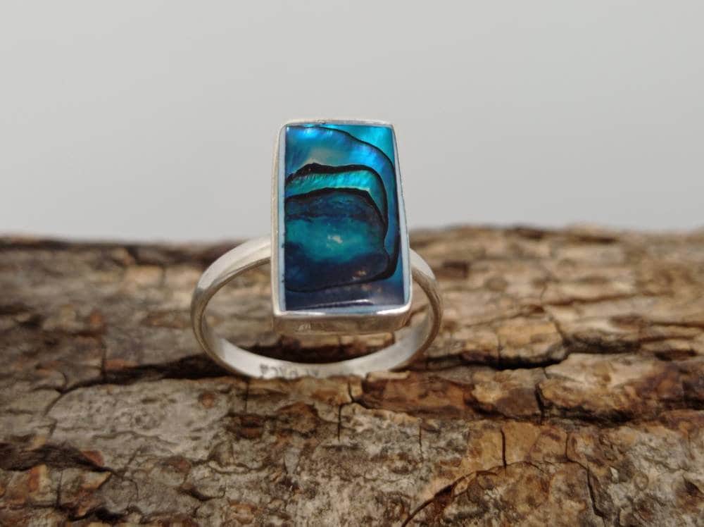 Silver Plated Abalone Ring: Geometric Taxco Mexican Design