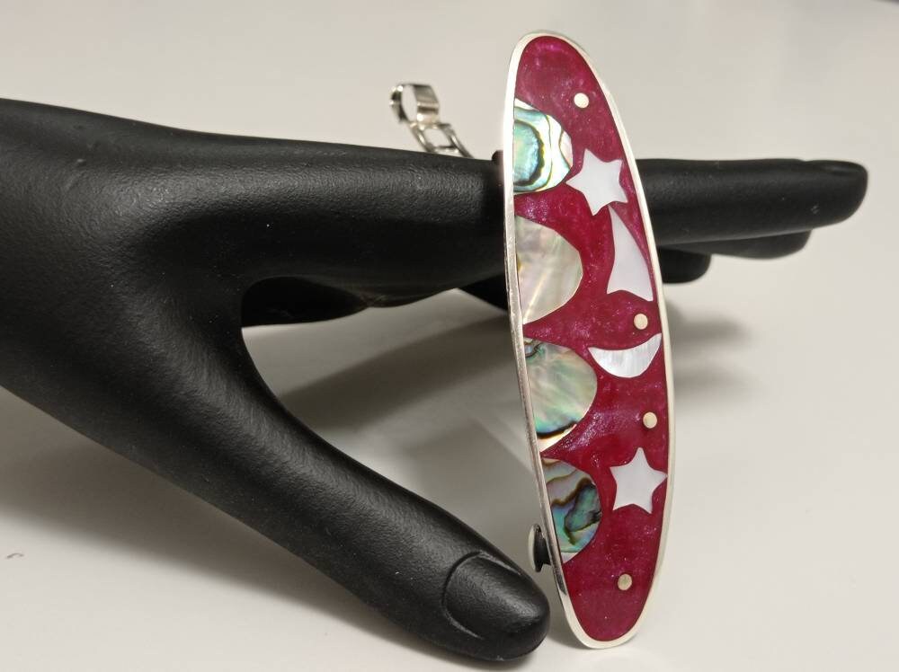 Handcrafted Celestial Hair Barrette – Red Enamel, Mother of Pearl, Silver Plated Mexican Artisan Accessory