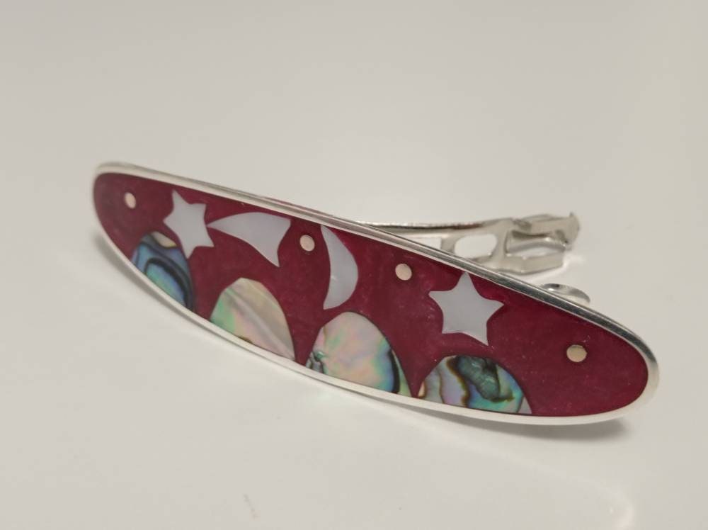 Handcrafted Celestial Hair Barrette – Red Enamel, Mother of Pearl, Silver Plated Mexican Artisan Accessory
