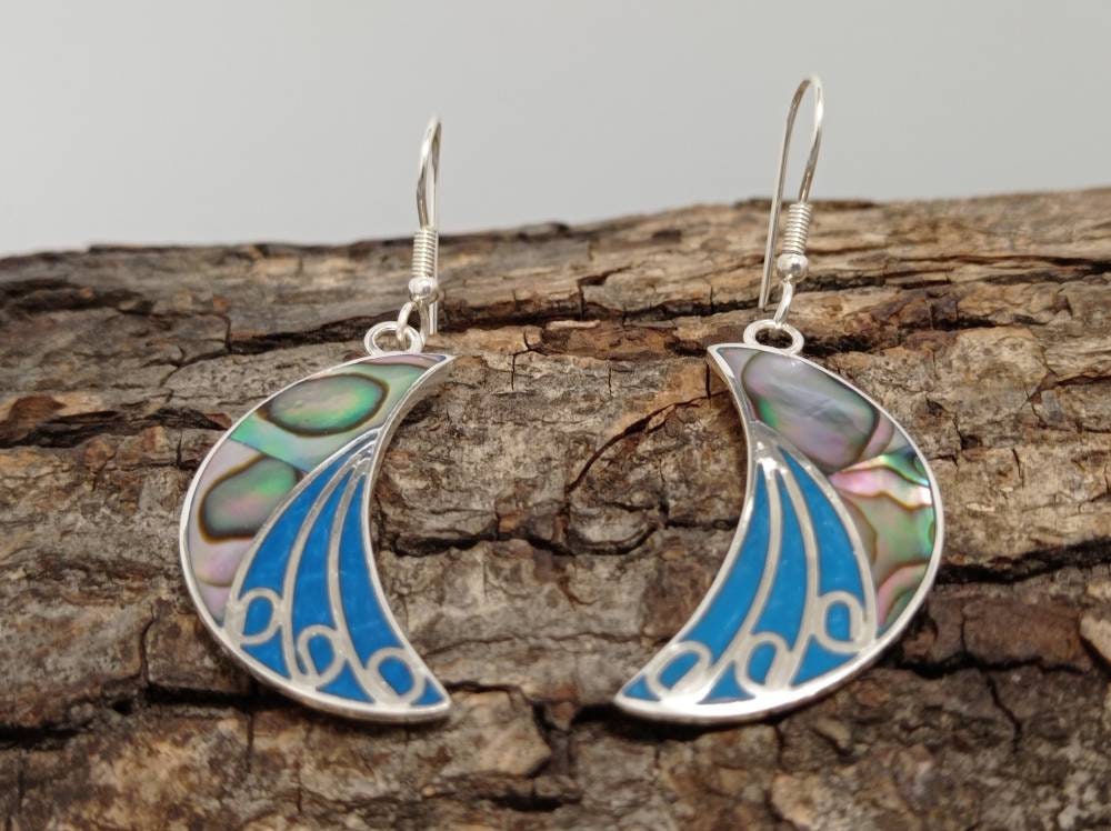 Artisan Silver Plated Abalone Moon Earrings, Blue Enamel Style - Mexican Handmade Jewelry from Taxco