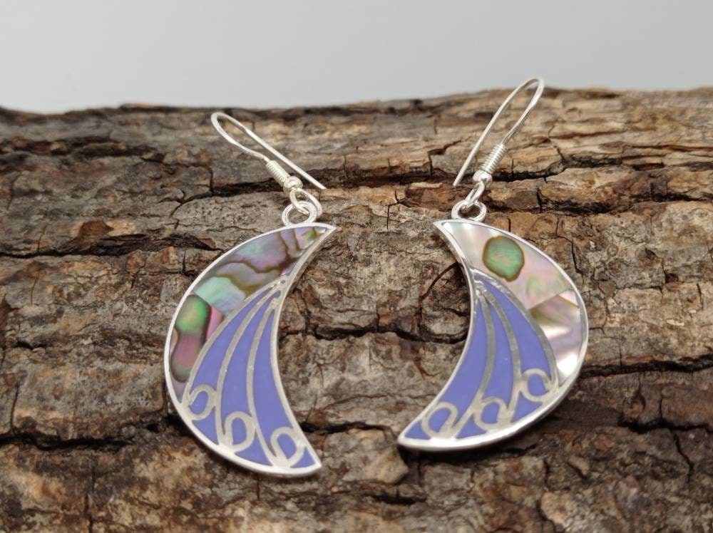 Handcrafted Abalone Crescent Moon Earrings, Silver Plated Art Deco Enamel Mexican Jewelry