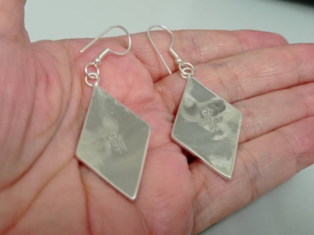 Art Deco Abalone Shell Rhombus Earrings, Silver Plated, Handmade Mexico