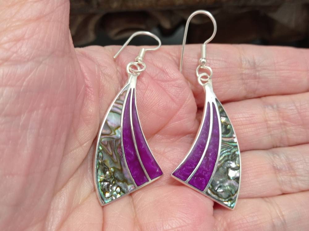 Art Deco Abalone Shell Bougainvillea Resin Earrings, Silver Plated Taxco Jewelry