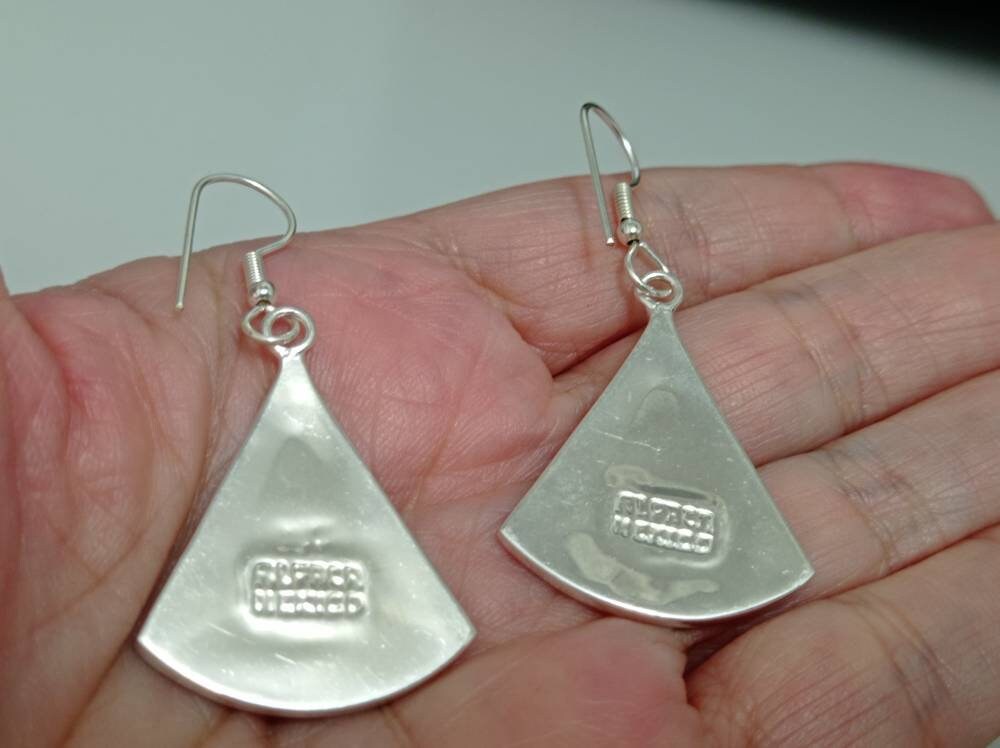 Art Deco Abalone Shell Triangle Earrings with Bougainvillea Enamel Effect – Silver Plated Mexican Jewelry