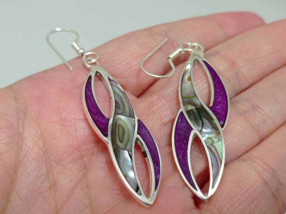 Art Deco Abalone Shell Earrings, Bougainvillea Resin, Silver Plated