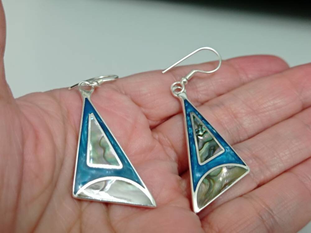 Silver Plated Abalone Shell Triangle Earrings – Blue Enamel Art Deco Design
