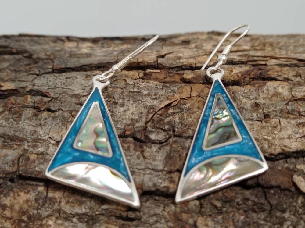 Silver Plated Abalone Shell Triangle Earrings – Blue Enamel Art Deco Design
