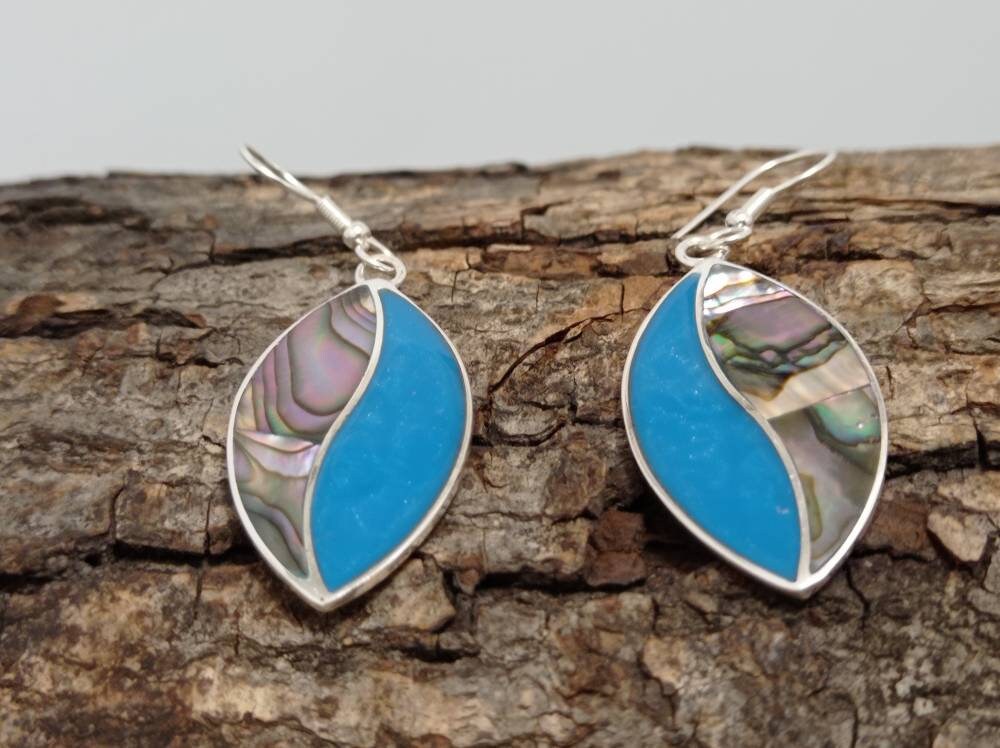 Handcrafted Mexican Abalone Shell Earrings, Blue Enamel, 950 Silver Dangle
