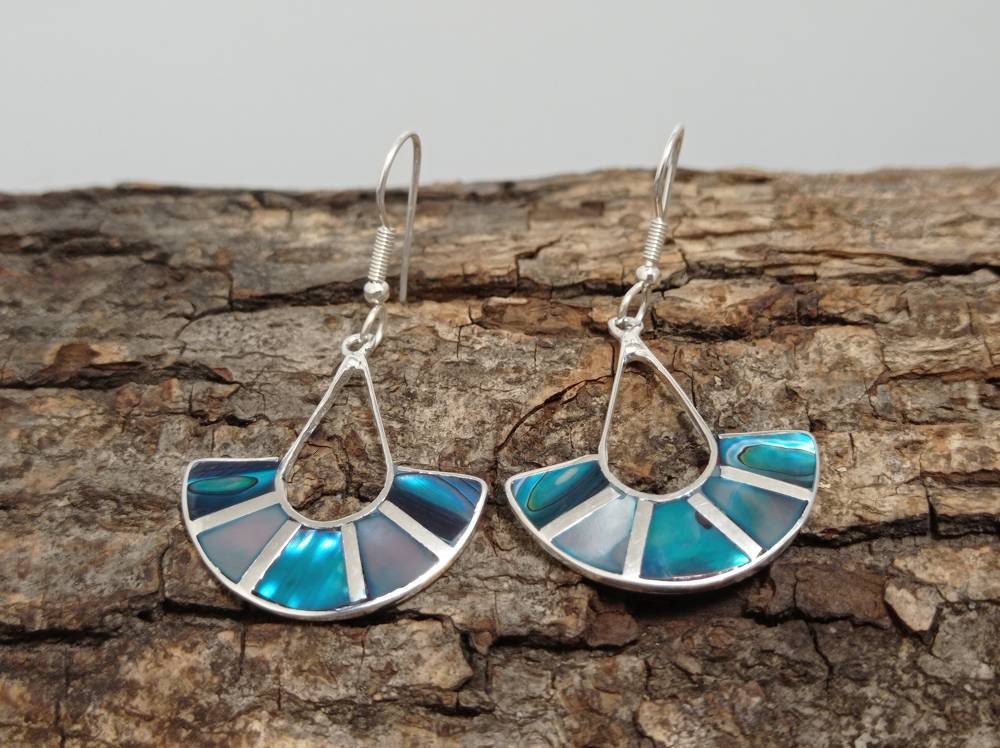 Handcrafted Silver Plated Abalone Shell Fan Earrings, Art Deco Style from Taxco, Mexico