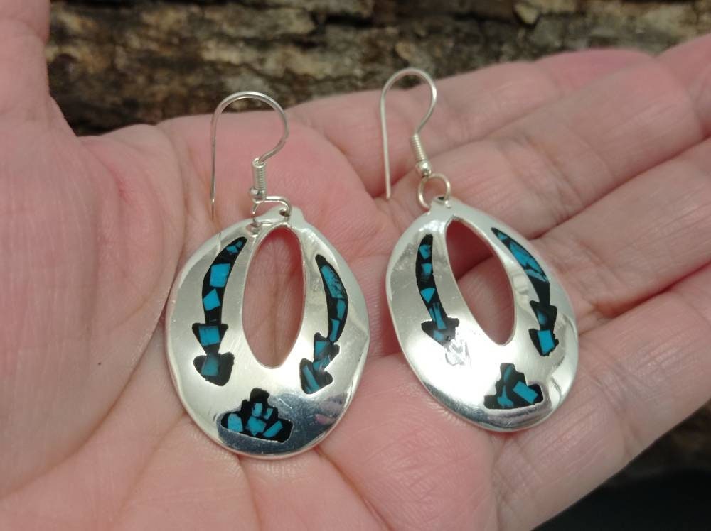 Silver Plated Aztec Earrings – Blue Black Resin, Taxco Mexican Artisan Jewelry