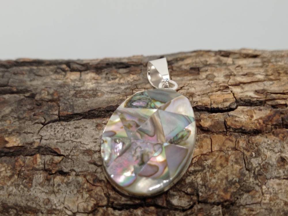 Handcrafted Mexican Abalone Shell Pendant: Silver Plated Geometric Boho Chic Necklace - Aztec Earrings
