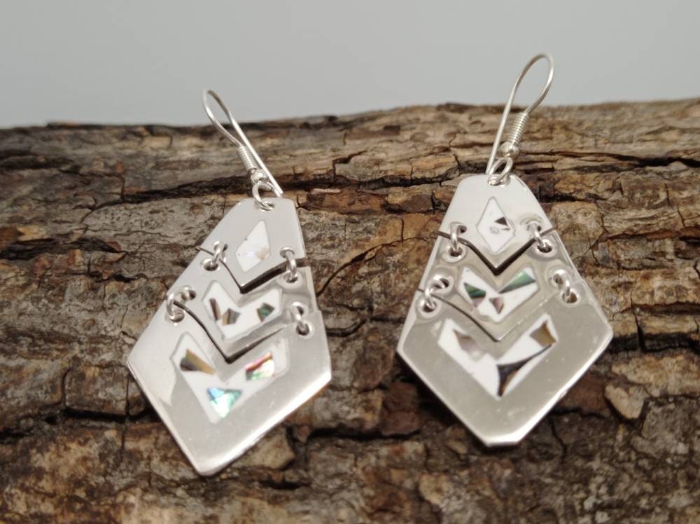 Silver Plated Abalone Inlay Azteca Earrings – Artisan Mexican Dangle Jewelry