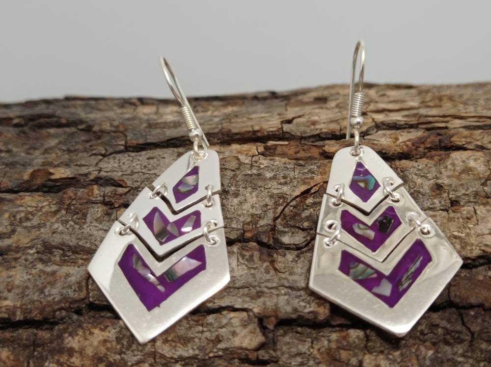 Artisan Silver Plated Earrings – Purple Abalone Inlay Dangle Design, Taxco Jewelry