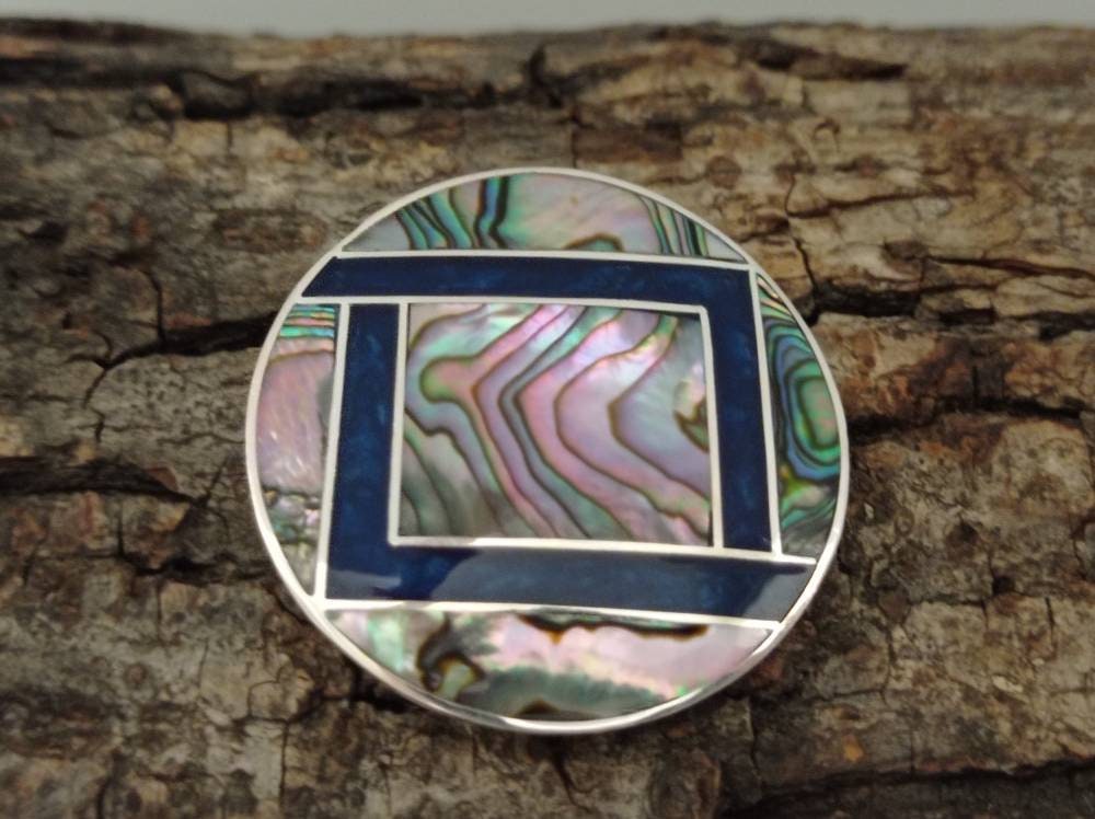 Artisan Mexican Abalone Blue Enamel Geometric Brooch Pendant – Silver Plated Azteca Art Deco
