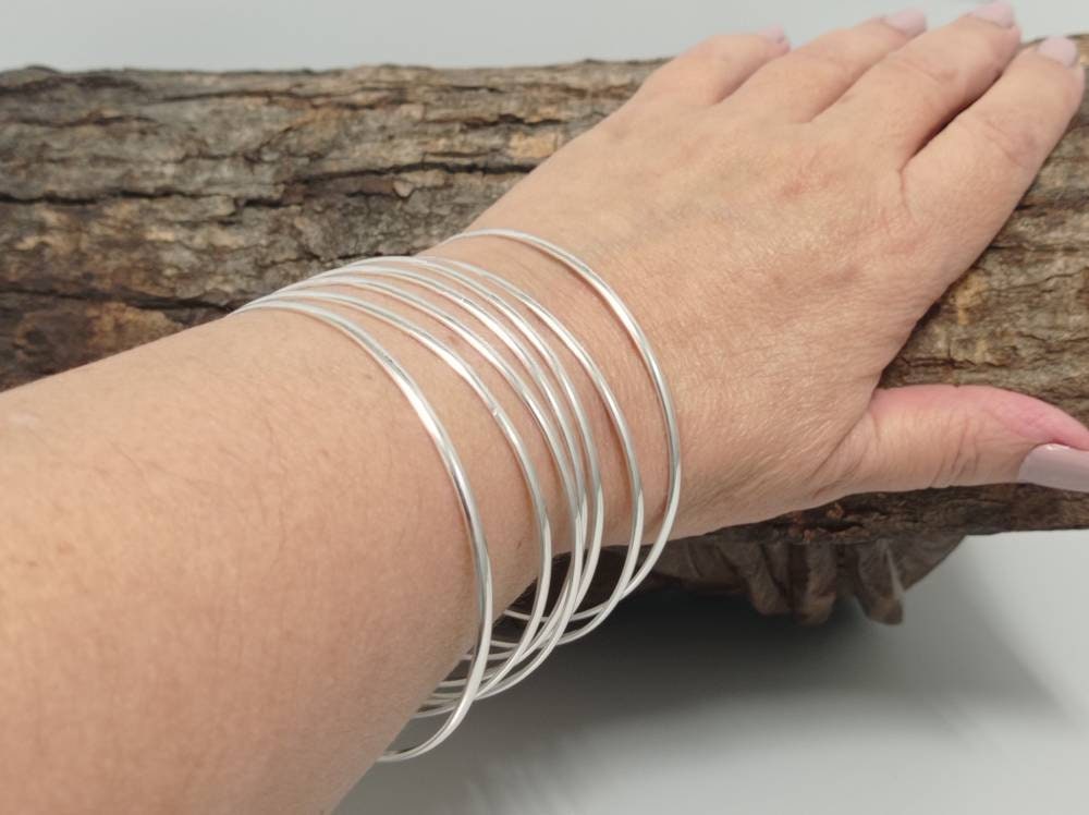 Mexican Boho Silver Plated Bangle Set: 7 Half Round Bracelets, 3mm