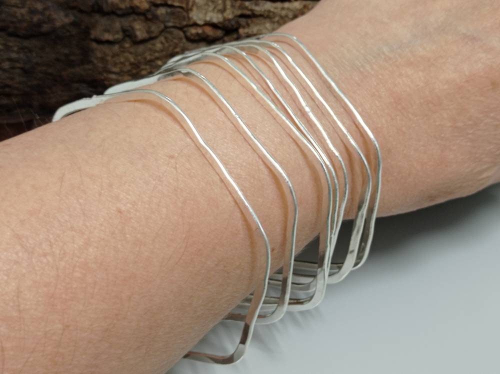 Set of 7 Silver Plated Hexagonal Bracelets – Boho Mexican Bangle Collection