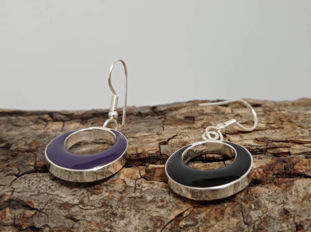 Silver Plated Hoop Earrings – Reversible Purple Black Resin, Taxco Handmade Jewelry