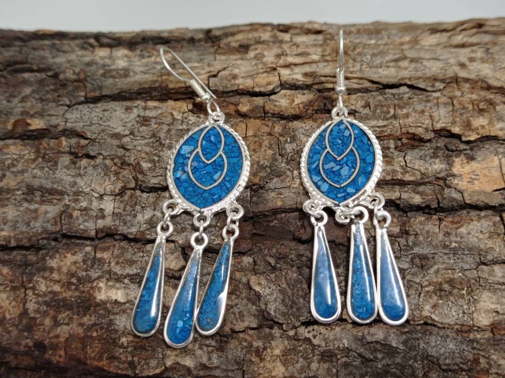 Handcrafted Mexican Artisan Silver Plated Earrings with Turquoise Inlay Tassel Embellishments