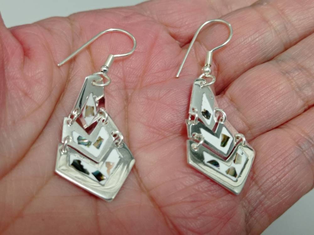 Silver Plated Abalone Mosaic Aztec Earrings – Taxco Artisan Jewelry