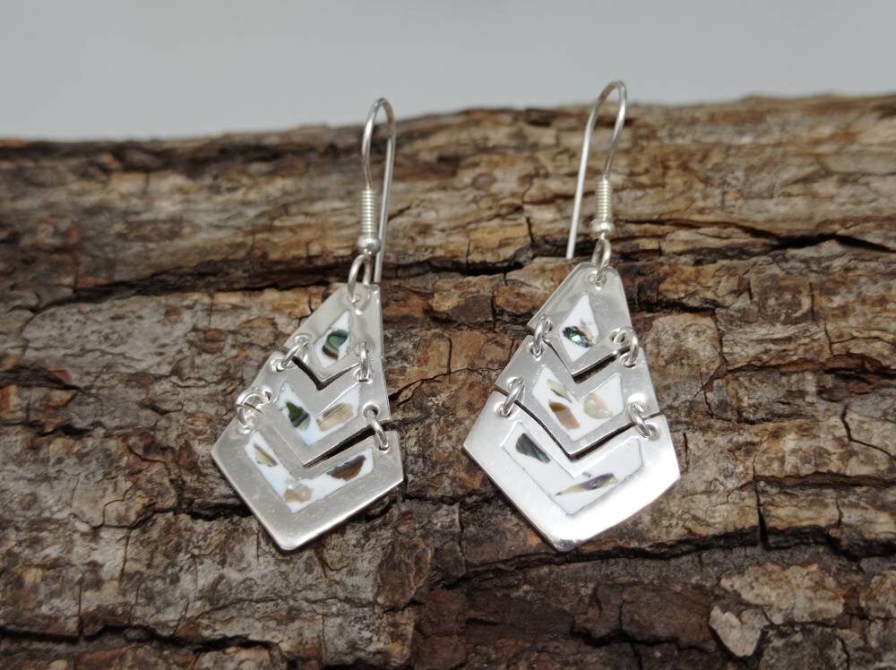 Handcrafted Silver Plated Abalone Earrings from Mexico - Unique Aztec Pyramid Design - Lightweight Artisan Jewelry