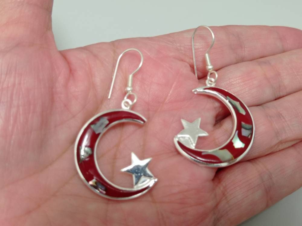 Abalone Inlay Moon and Star Earrings, Red Enamel, Silver Plated
