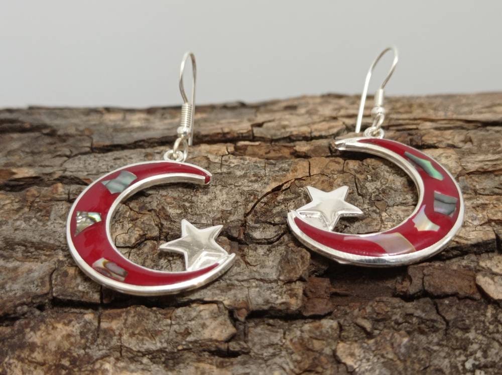Abalone Inlay Moon and Star Earrings, Red Enamel, Silver Plated