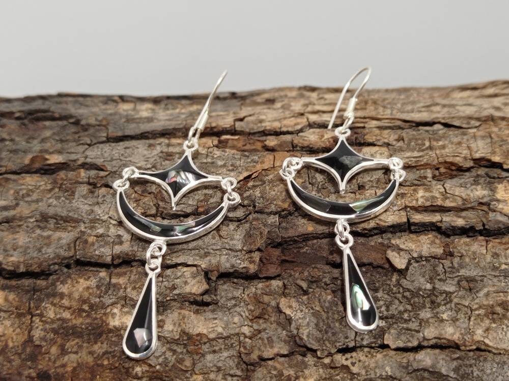 Abalone Moon & Star Earrings, Silver Plated, Mexican Artisan Jewelry