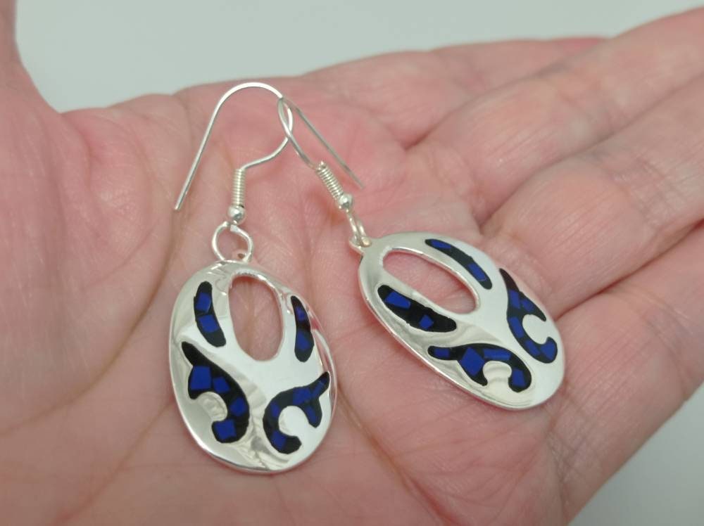 Handmade Silver Plated Mexican Earrings with Blue Black Resin, Unique Boho Chic Design