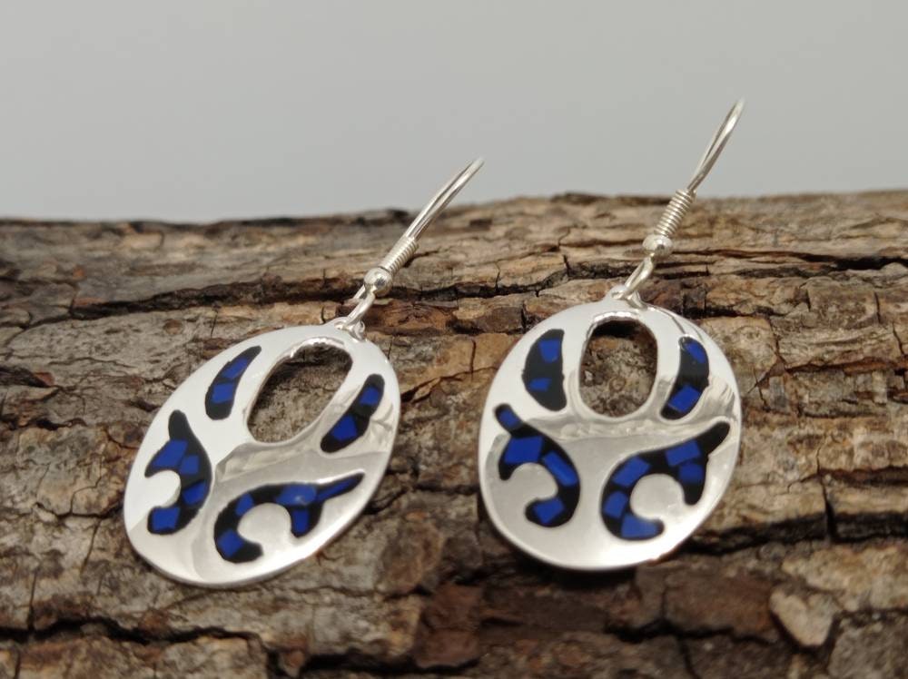 Handmade Silver Plated Mexican Earrings with Blue Black Resin, Unique Boho Chic Design