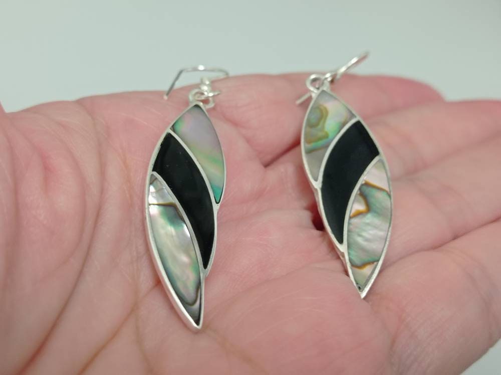 Handmade Mexican Abalone Shell Earrings with Silver 950 Plating – Artisan Leaf Design Taxco