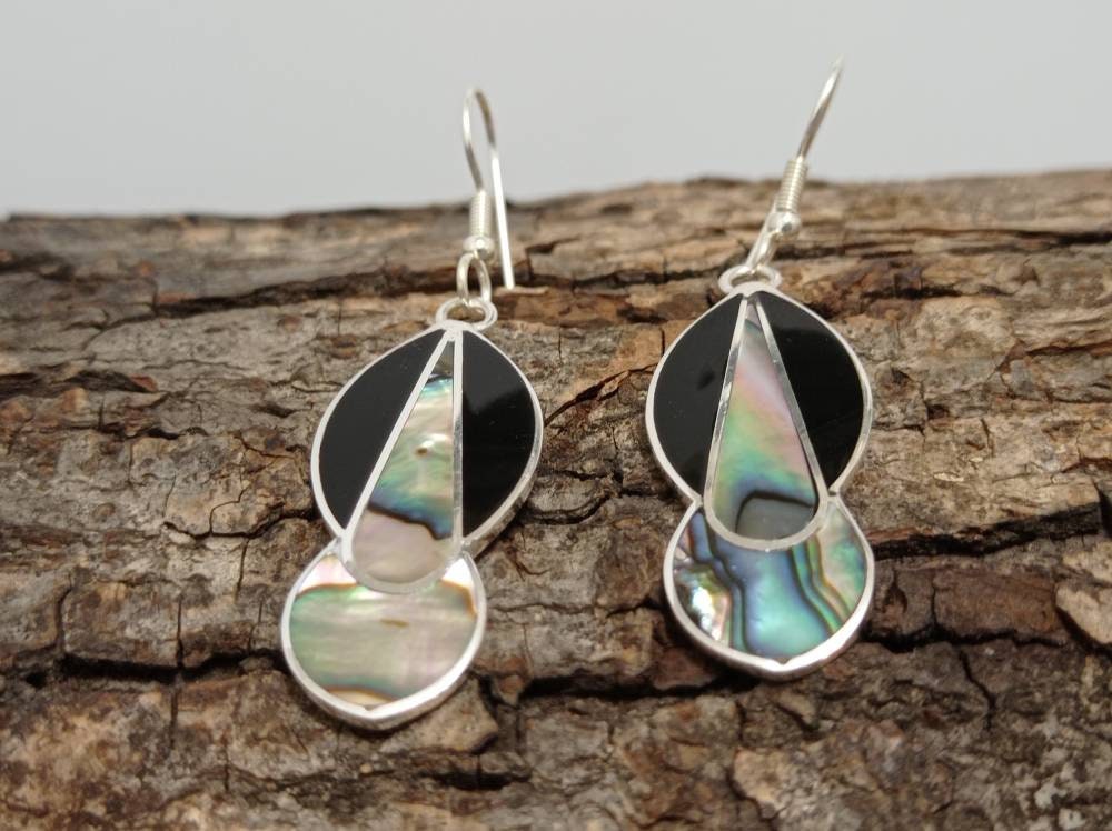 Handcrafted Mexican Silver Earrings with Abalone Shell & Resin Accents - Art Deco Geometric Design